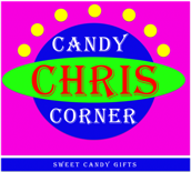 Het officiële logo van Chris Candy Corner in felle kleuren (roze, blauw en neon-groen) met de tekst "CANDY CHRIS CORNER" en de slogan "SWEET CANDY GIFTS"
